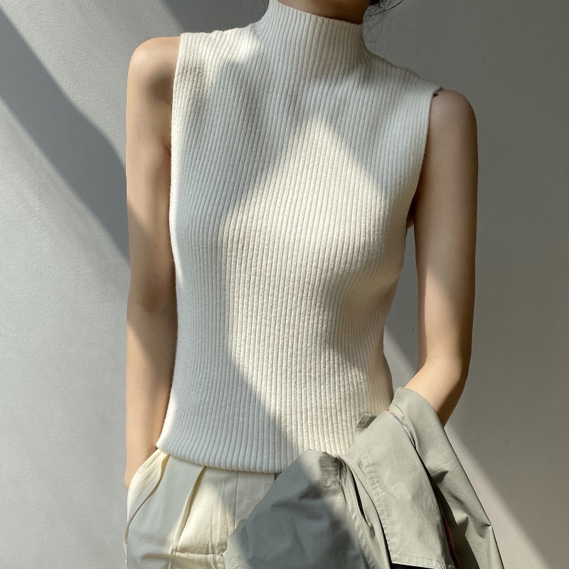 Korean Style Knitted Tank Top Half High Neck Base Shirt Slim Fitting Sleeveless Tank Top VD