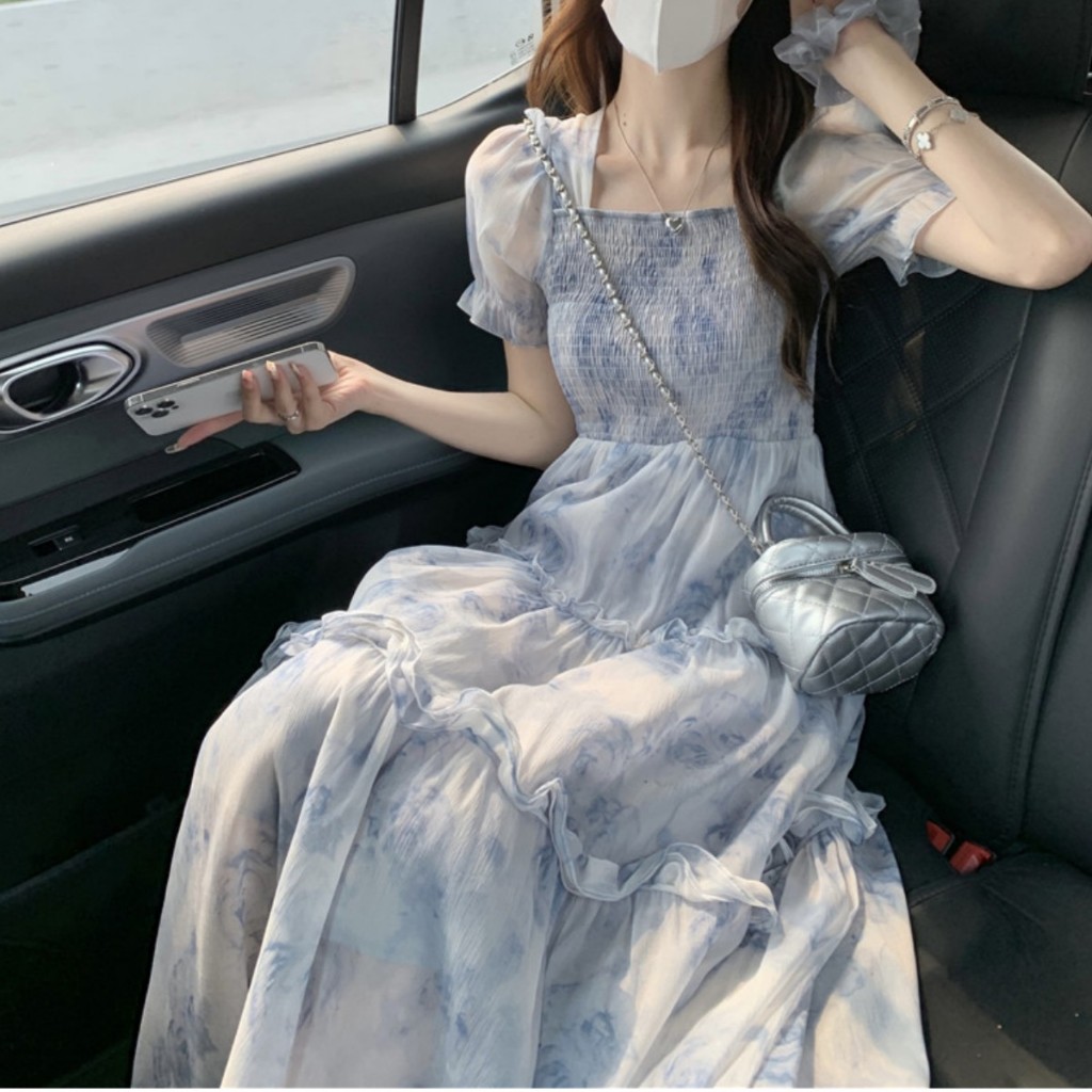 summer blue floral long dress plus size dress for woman casual korean