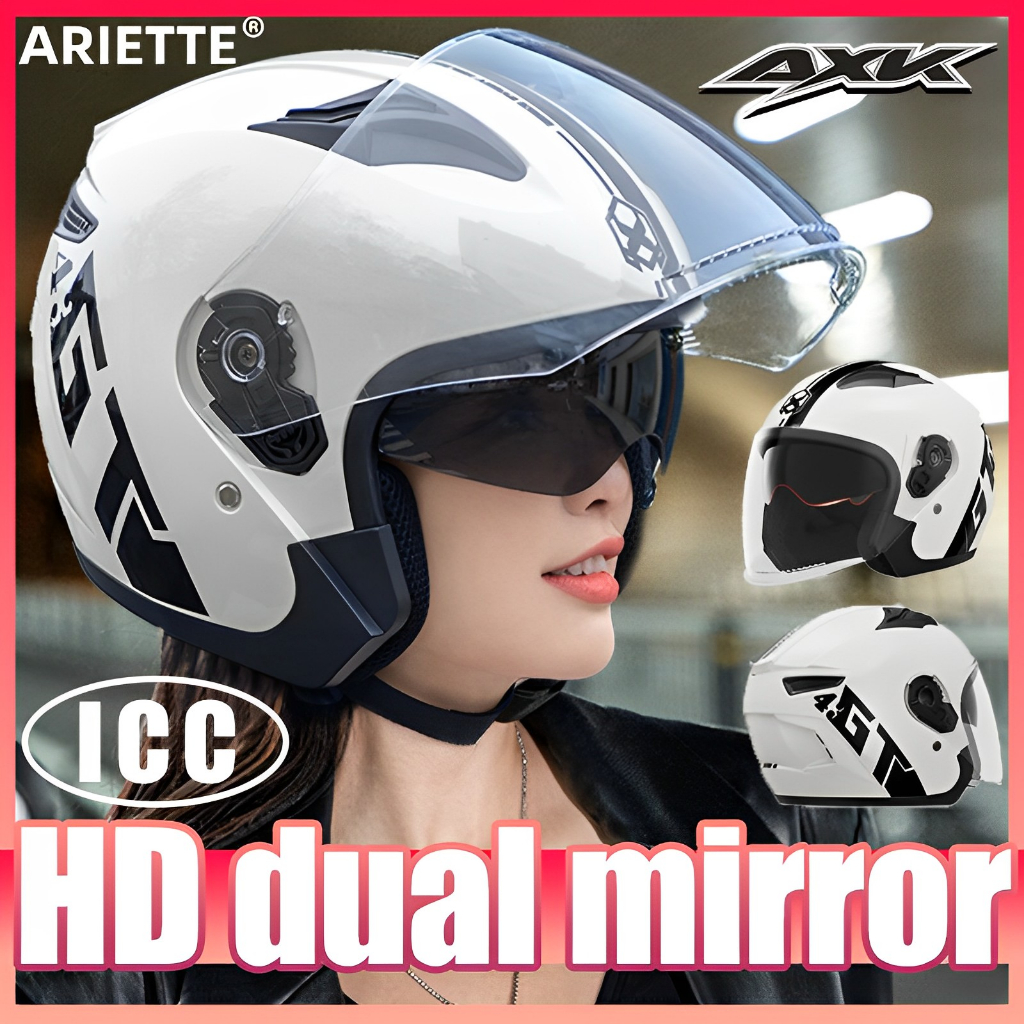 AXK Motorcycle Half Face Helmet For Men And Women HD Double Mirror ICC