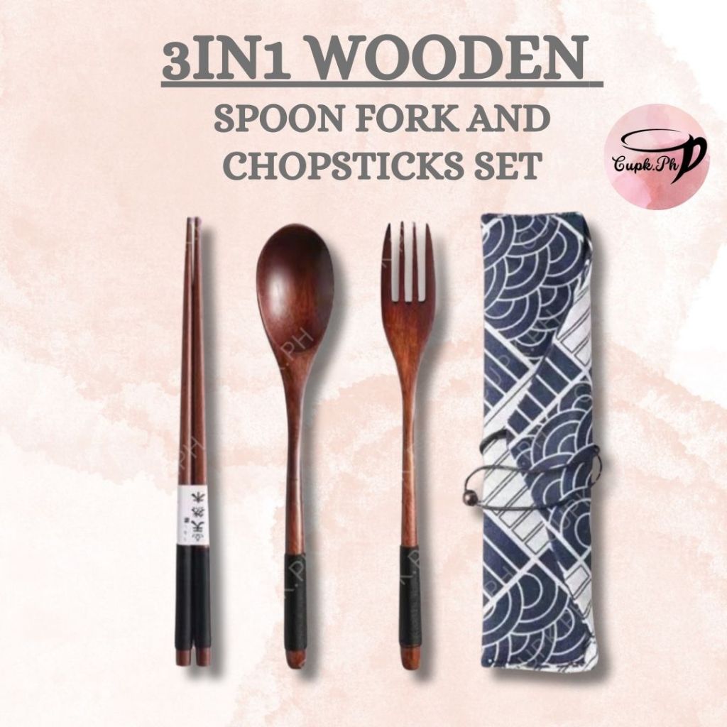 3in1 Wooden Spoon Fork and Chopsticks Set. Shopee Philippines