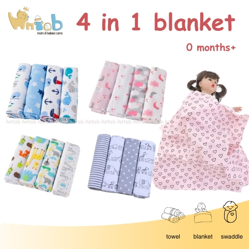 Hntob 4 in 1Baby Receiving Blanket Cotton Swaddle Flannel Bedung