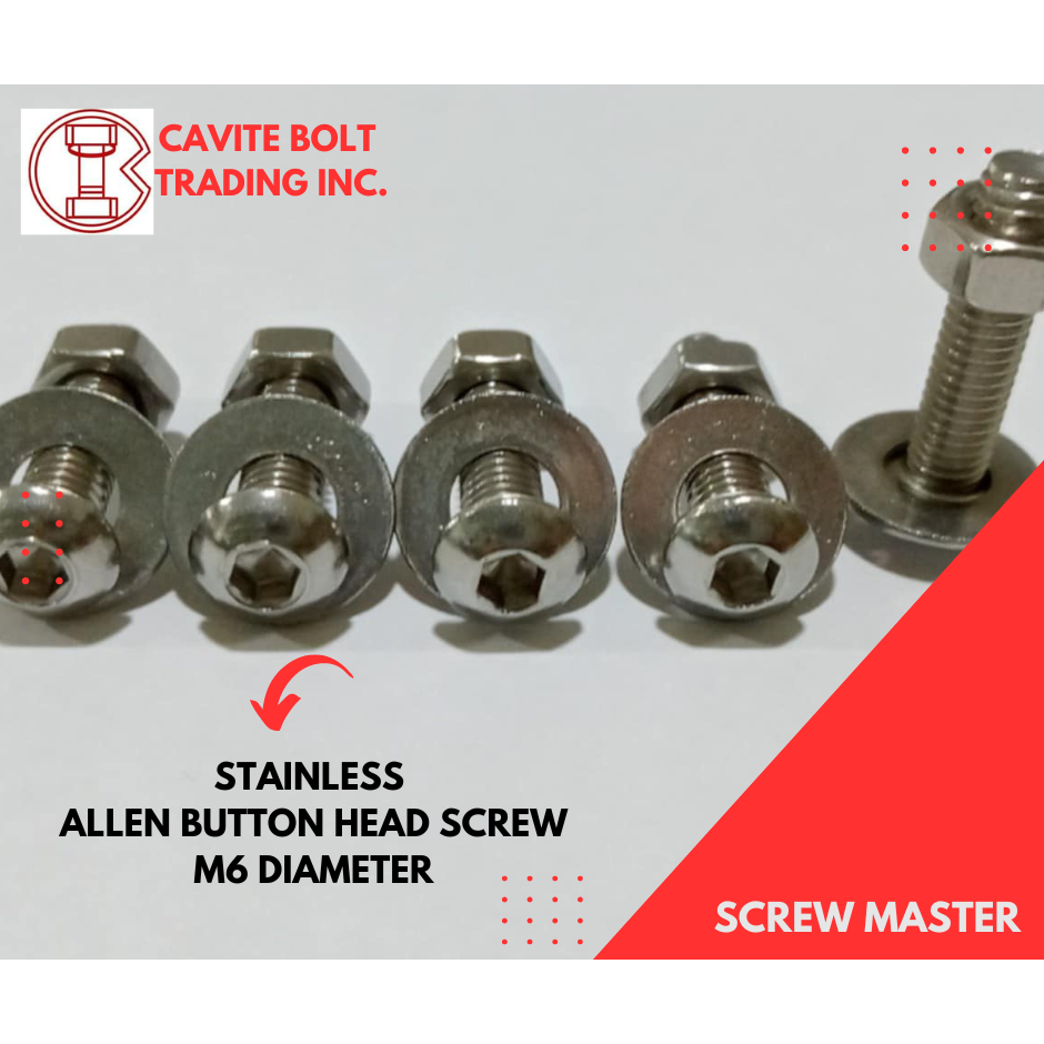 STAINLESS ALLEN BUTTON HEAD SCREW WITH NUT, FLAT WASHER M6 DIAMETER (5