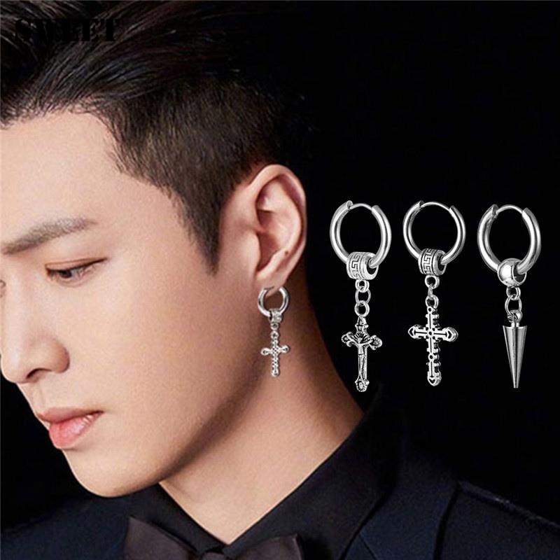 1PCS Punk Silver Stainless Steel Stud Earrings Men Women Gothic Hip Hop