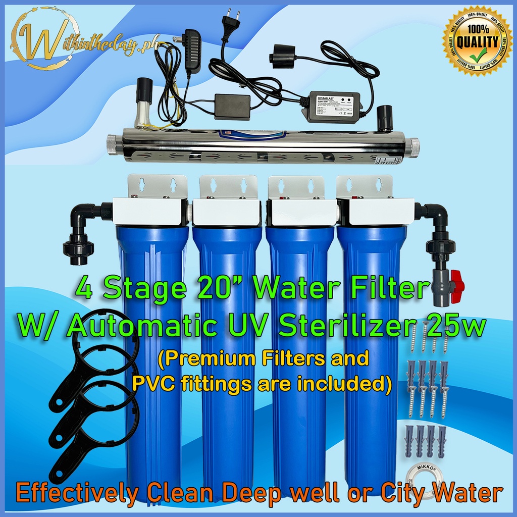4 Stage Deep Well Water Filter housing with AUTOMATIC UV Sterilizer 25w