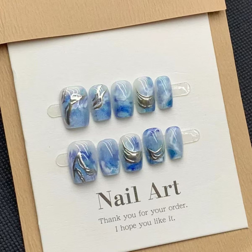 Ocean blue cats eye fake nail short nails wearing easy handmade with 24