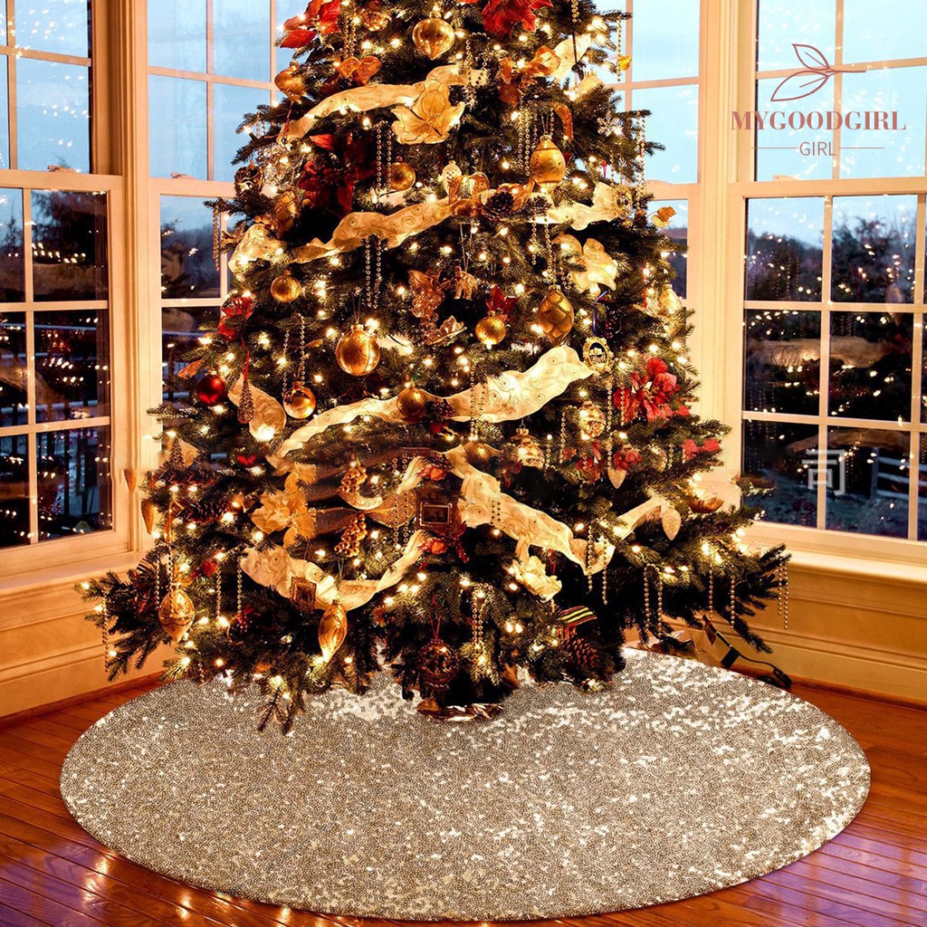 [MGG]Tree Skirt Solid Color 122cm Round Sequins Double Layer Fabric