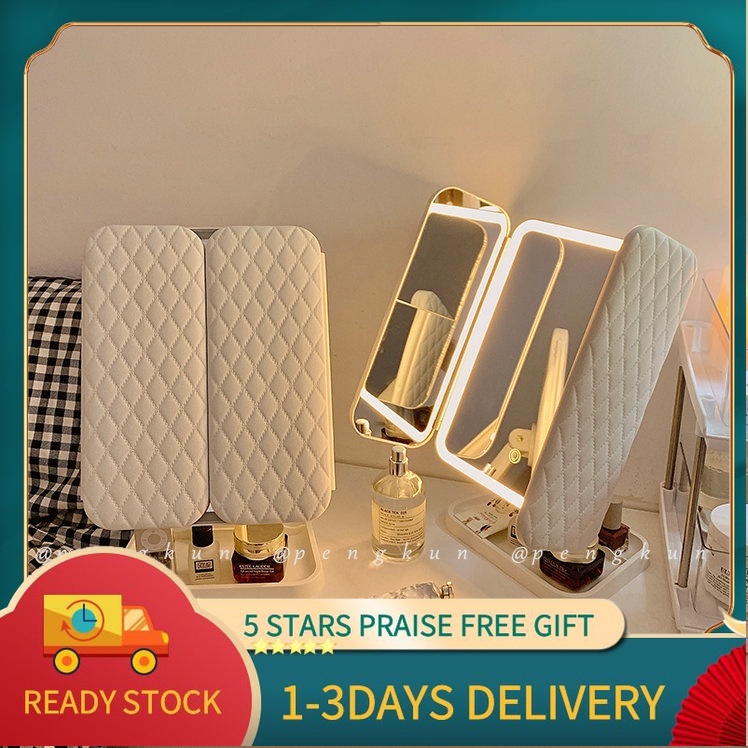 Shell dual door LED makeup mirror with light storage box integrated