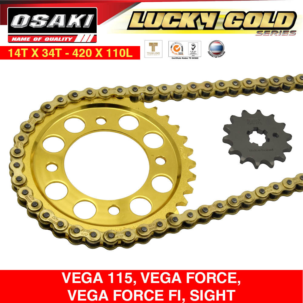 Vega 115 / Force / Fi Osaki Lucky Gold Chain & Sprocket Set [Made in