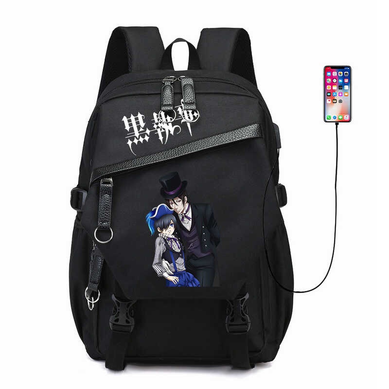 Anime Black Butler Backpack Print Student Cartoon Schoolbag Black USB Packsack Outdoor Travel