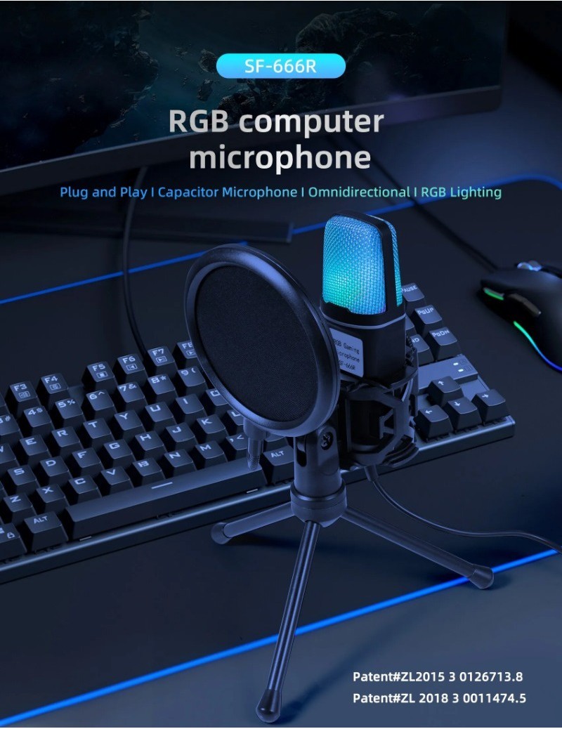 Salfini SF666R USB Microphone RGB Microfone Condensador Wire Gaming Mic