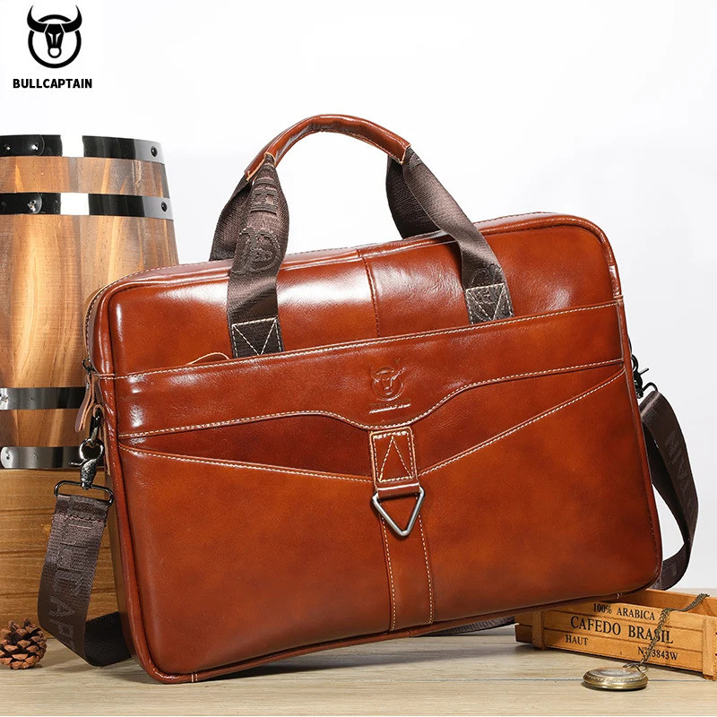 BULLCAPTAIN Genuine Leather Shoulder Bag 14 Inch Laptop Case Men's