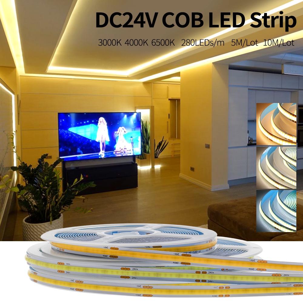 No Glare COB LED Strip Light 5M 10M 280leds/m 8w/m 24V Flexible LED