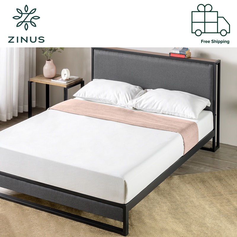 Zinus Bed Frame with Headboard Shelf Christina Upholstered Platform