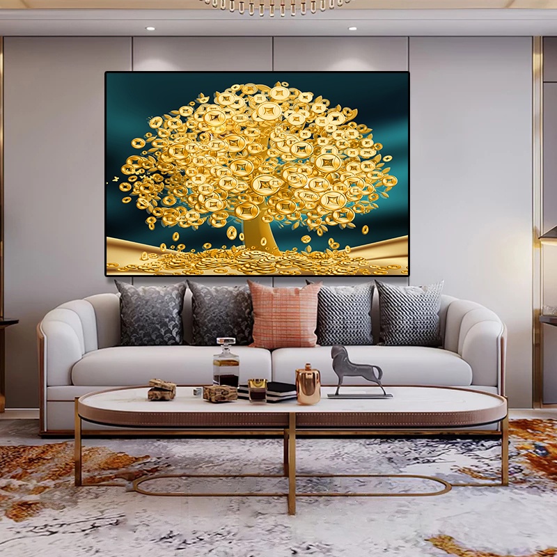 With Black Frame Golden Money Tree Canvas Painting Modern Living Room