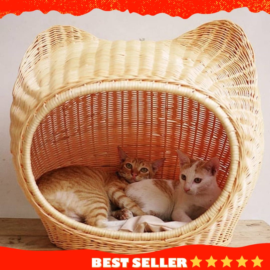 Natural Rattan Hellokty Cat Dog House Animal Cage Plus Soft Foam