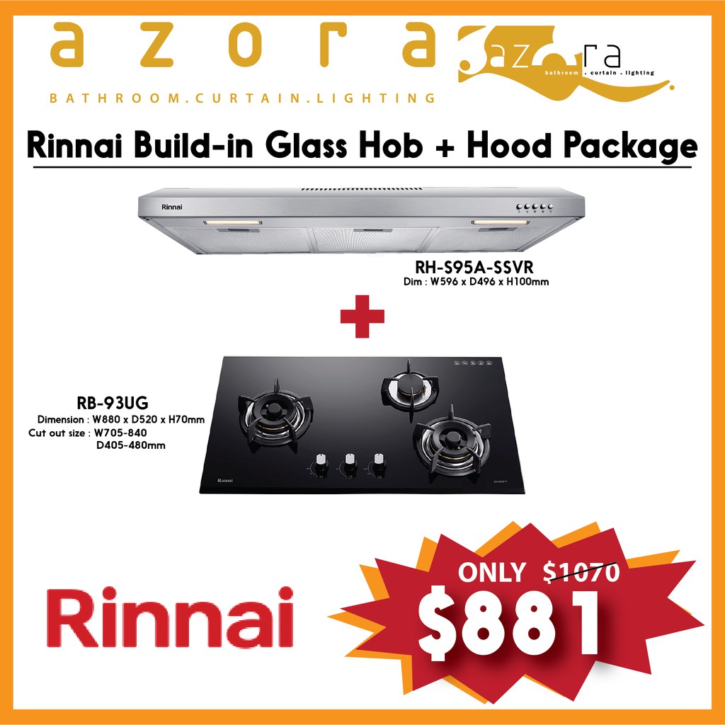 ( Package ) Rinnai Buildin Glass Hob ( RB93UG ) + Hood ( RHS95ASSVR