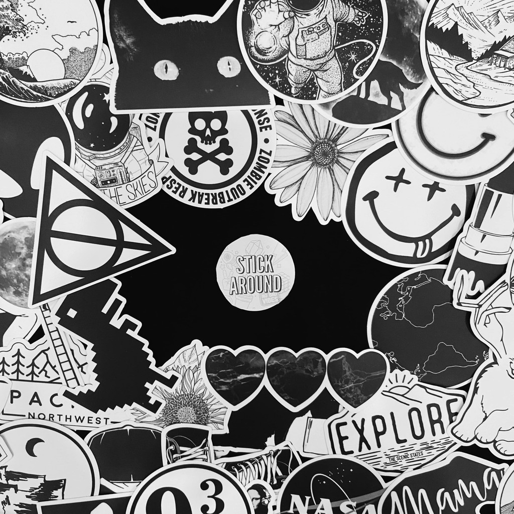 50 sticker WHITE BLACK and white BW (pvc rough) laptop stickers, phone