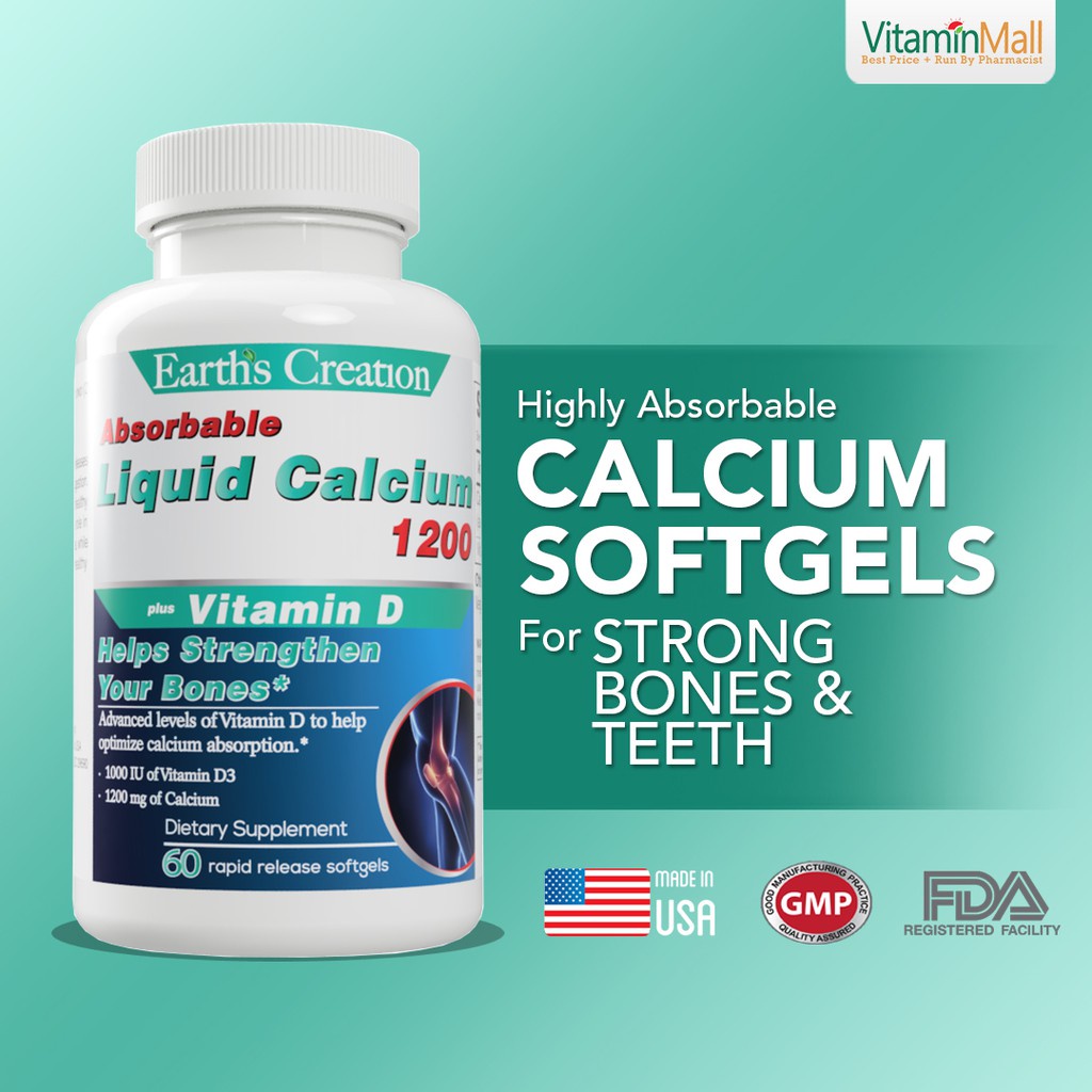 Earth Creation Liquid Calcium 1200mg with Vitamin D 60 Softgel Best Calcium Supplement for