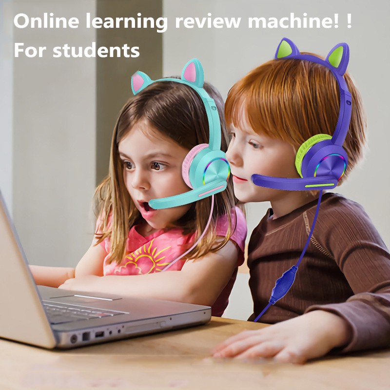 AKZ020 Luminous RGB Light Cute Cat Ear Headset Wired Earphones