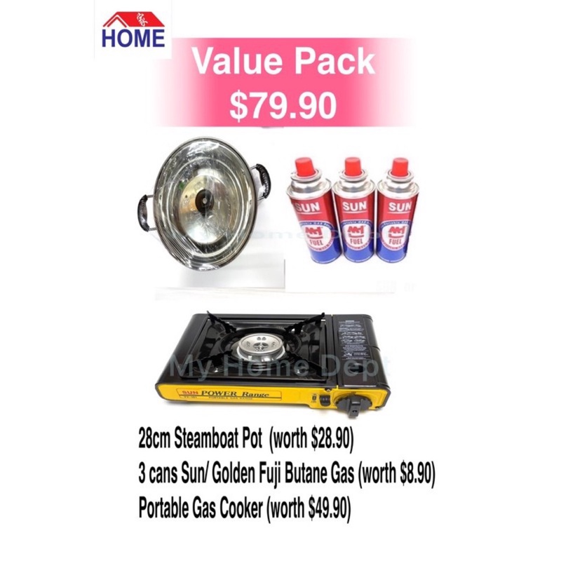 Stainless Steel Steamboat Pot + Butane Gas + Portable Gas Cooker