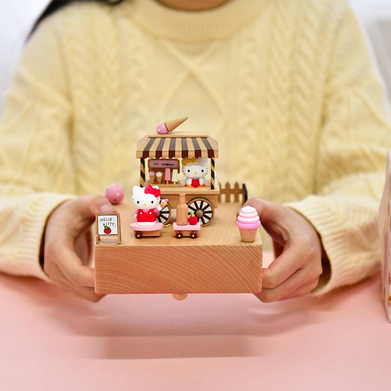 100 Genuines Wood Hello Kitty Wooden icecream Shop clockwork Music Box