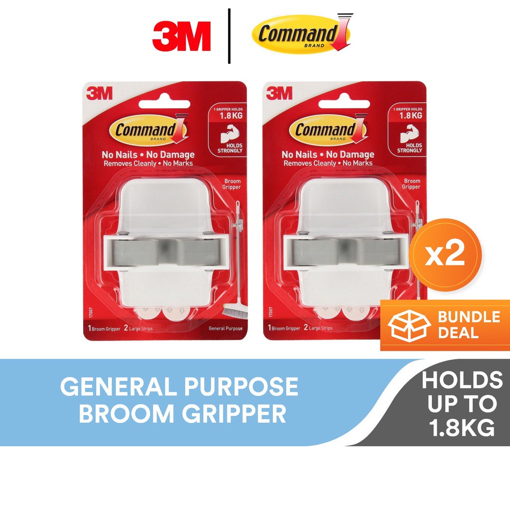 3M Command White Mop and Broom Gripper 17007, Holds Up to 1.8kg, Organize, Storage ( Bundle of 2