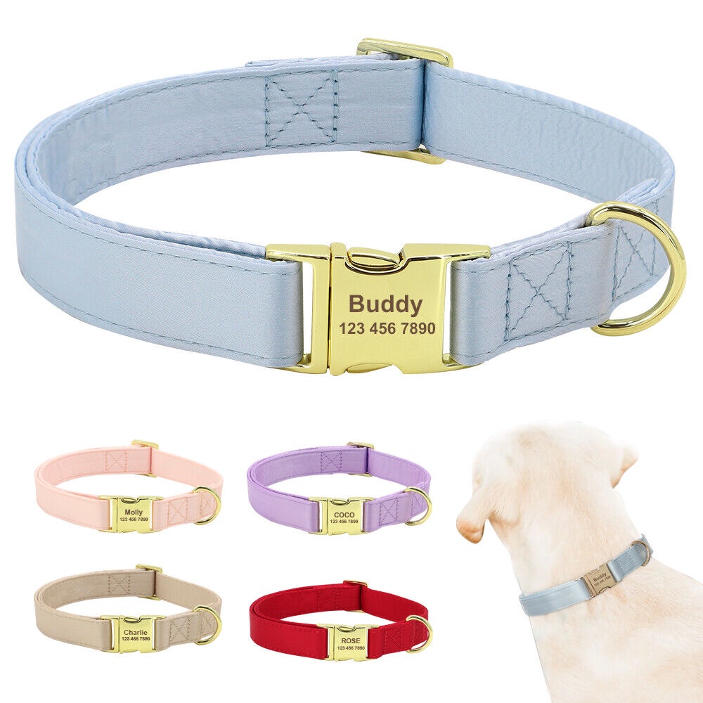 Luxury Personalised Dog Collar Custom Name Buckle Soft Stain Adjustable
