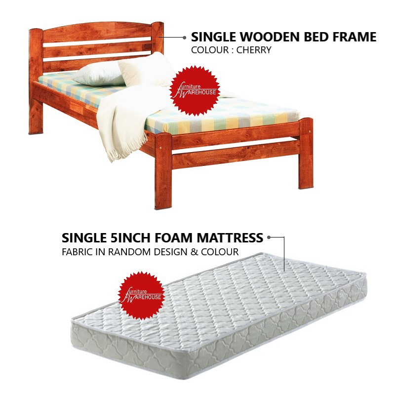 Single Wooden Bed Frame + Medium Firm 5inch Foam Mattress Shopee