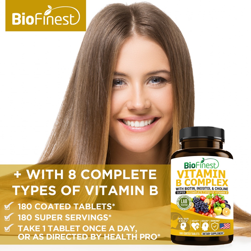 Biofinest Vitamin B Complex B1 B2 B3 B5 B6 B7 B9 B12 Biotin Inositol Niacin Brain Skin Hair