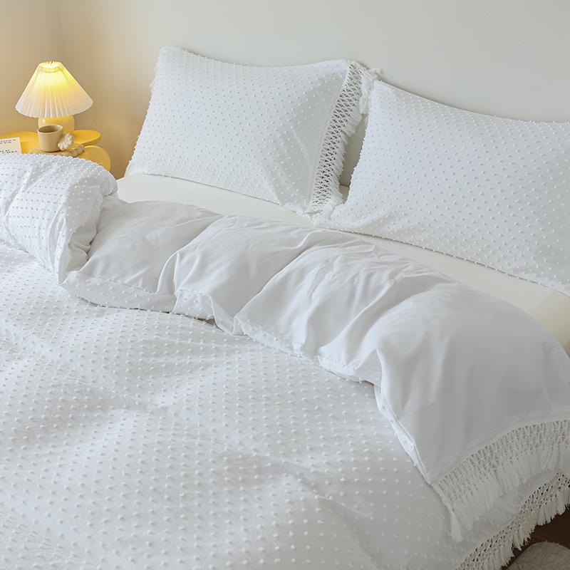 4 IN 1 Tassel Bed Sheet Set with Fur Balls Single Queen King Size White