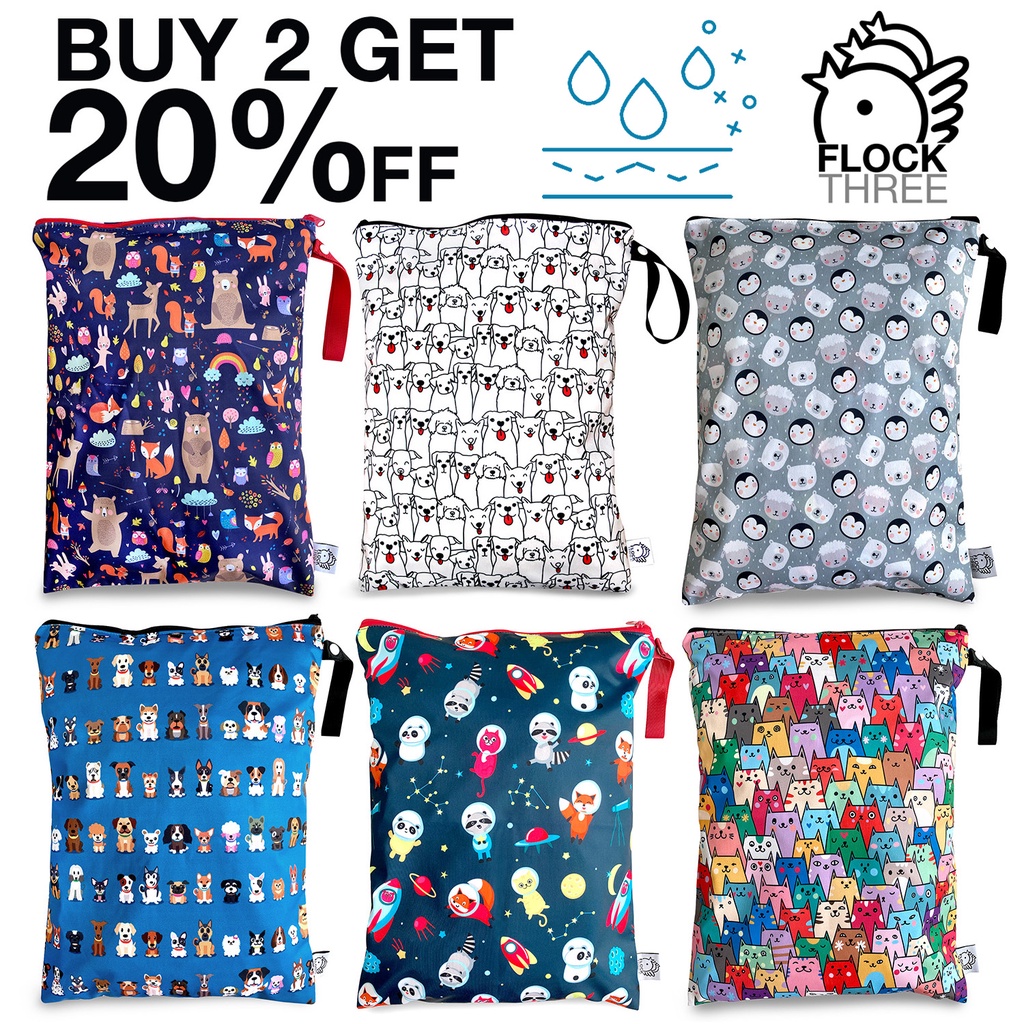 FLOCK THREE Waterproof Washable Reusable Wet Bag Diaper Stroller Bag