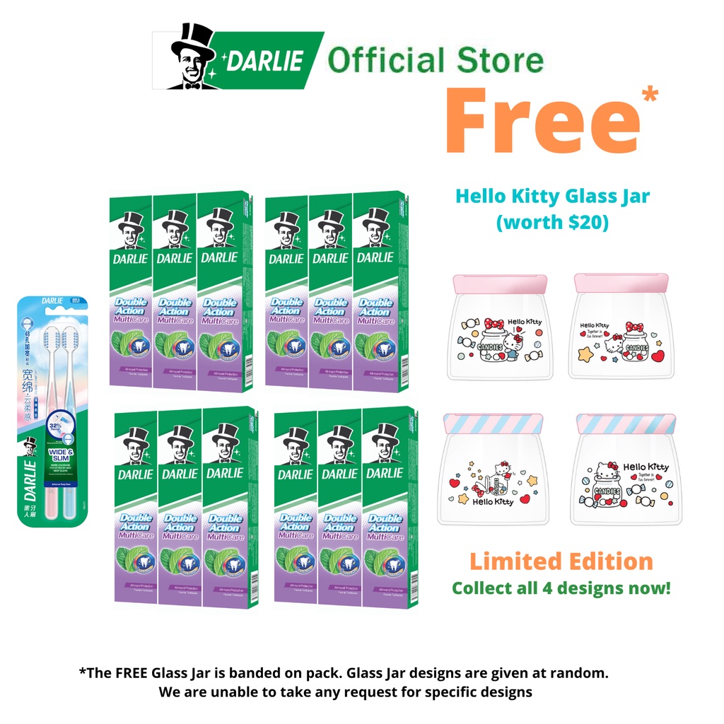 (Bundle of 12) Darlie Double Action Enamel Protect Toothpaste 12x200g + FREE Hello Kitty Glass