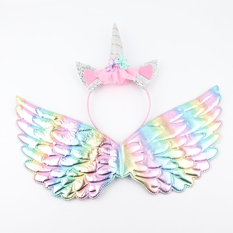 Unicorn Wings Costume for Kids Girl Fairy Rainbow Headband and Wings