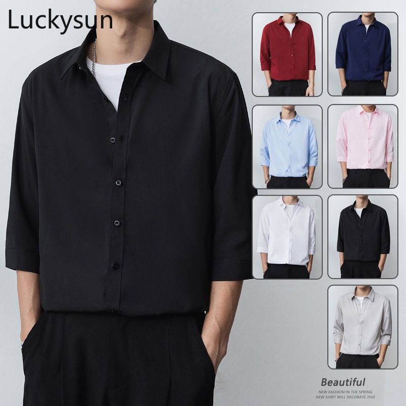 [7 Colors] Formal Shirt Men Summer 3/4 Sleeve Plain White Black Color