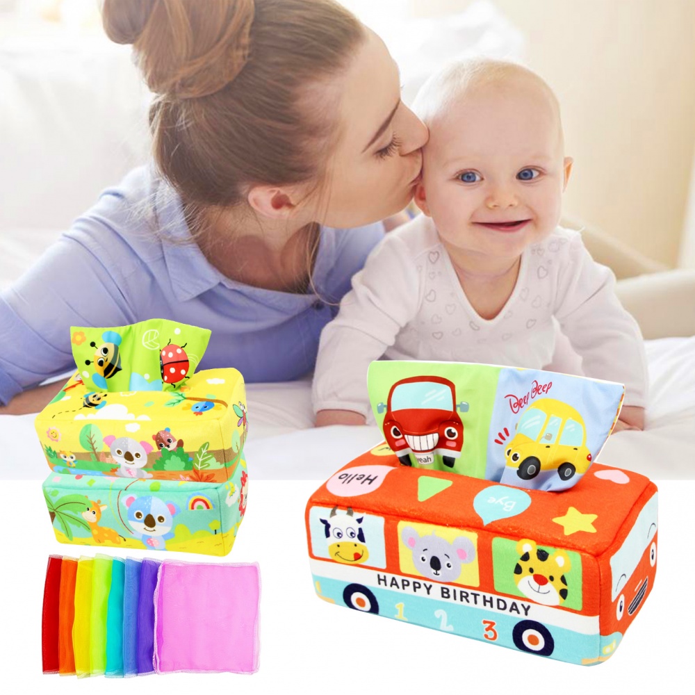Sensory Pull Along Toddler Infant Baby Soft Tissue Box Toy Play Scarves