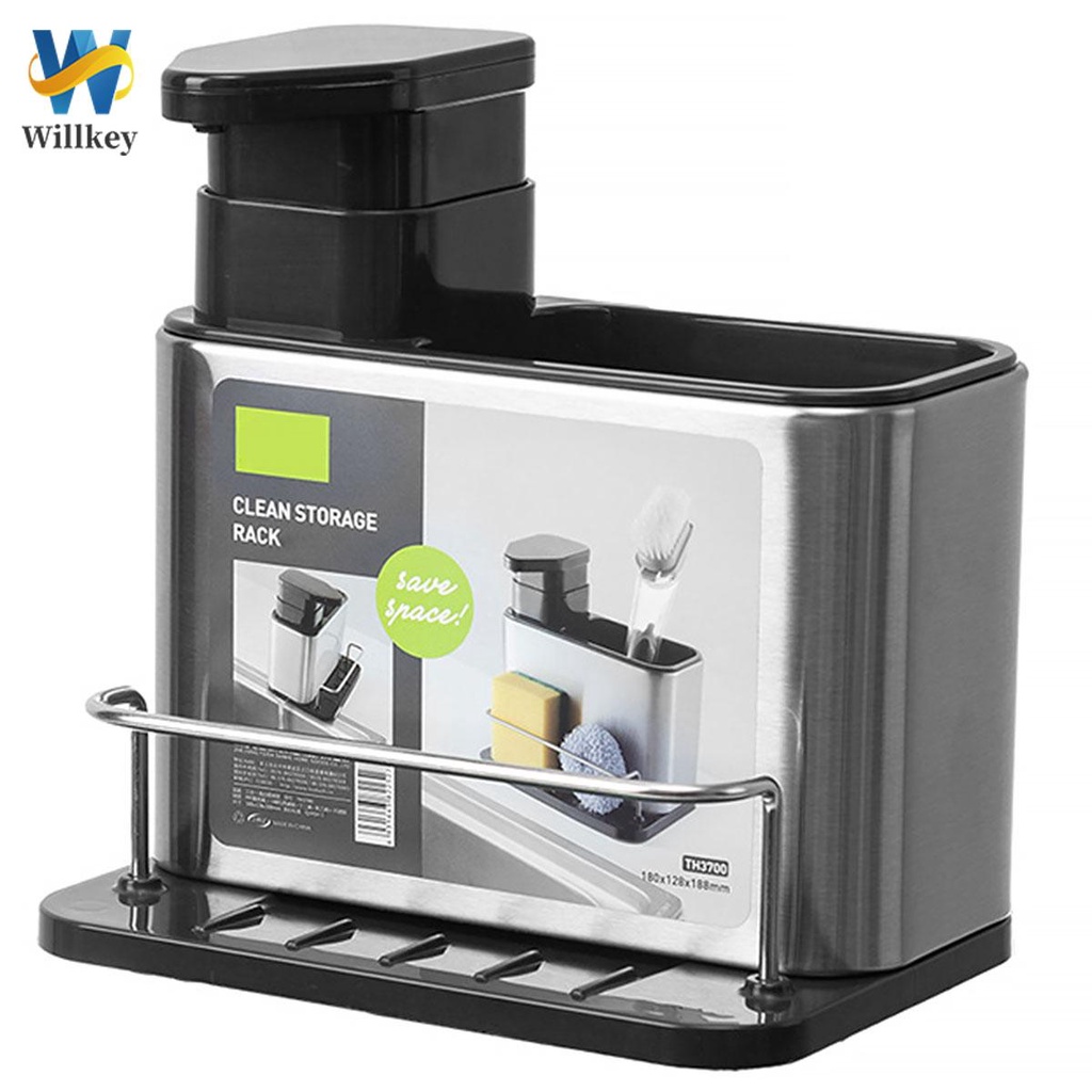 Stainless Steel Sink Caddy with Soap Dispenser 3in1 Kitchen Sink Organizer for Brush Sponge