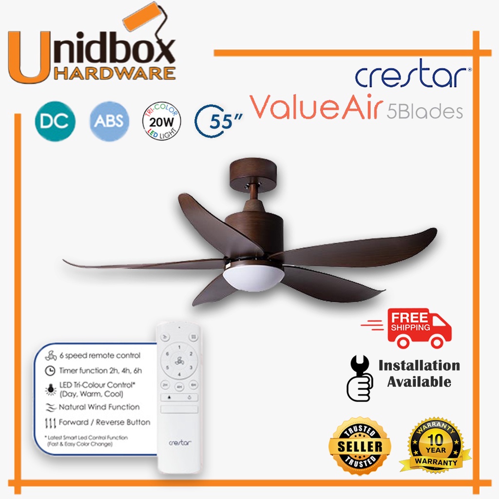 Crestar Value Air 48 / 55 Inch 5 Blades Ceiling Fan With 3Tone LED Light And Remote Control