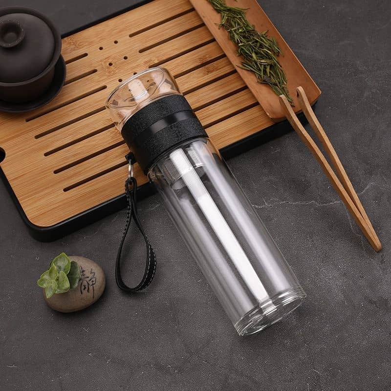 Glass Tea Bottle Double Walled Water Bottle with Strainer Filter Travel