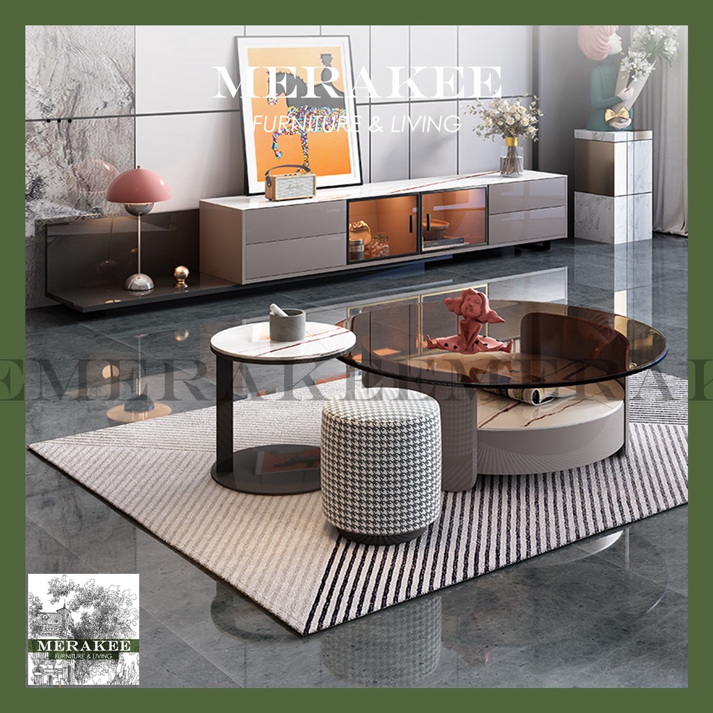 MERAKEE Marble Like Sintered Stone TV Console Coffee Table Set Living Room Furniture