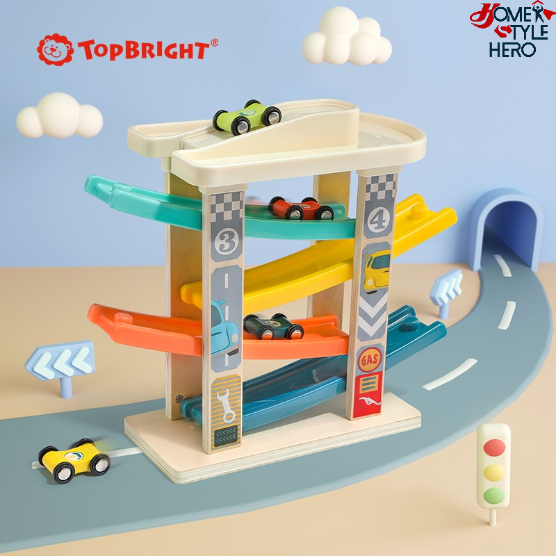 [SG Stock] Top Bright Wooden Car City Ramp Racer Educational Developmental Toy Preschool Toddler