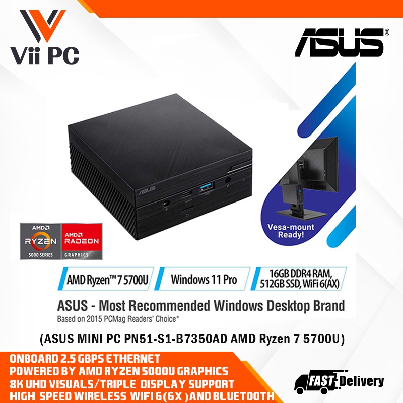 ASUS MINI PC PN51S1B7350AD AMD Ryzen 7 5700U, 16GB DDR4 RAM, 512G M.2