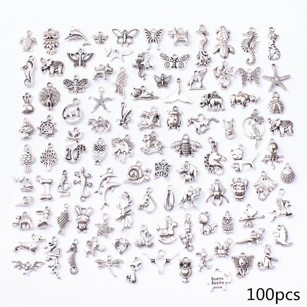 100Pcs/Set Mix Animal Accessories Exquisite Vintage Silver Charms