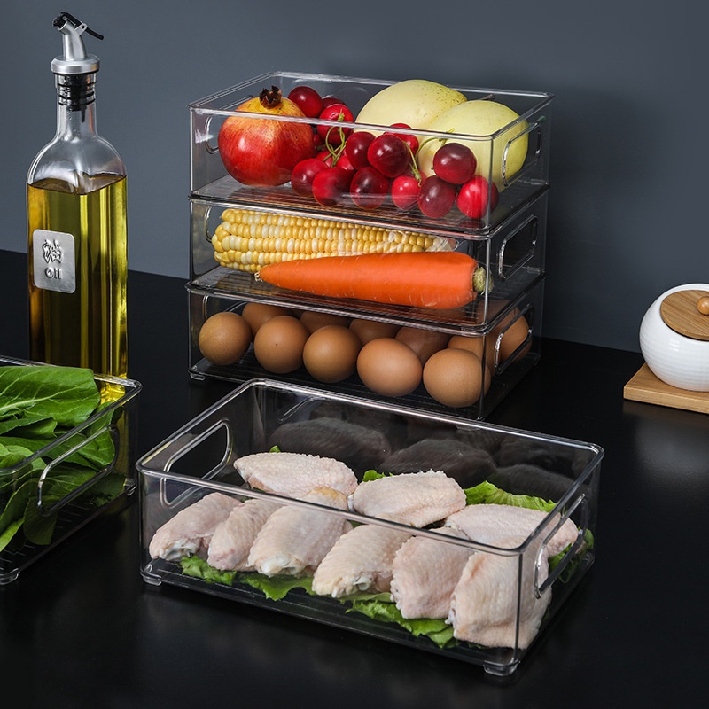 Refrigerator Organizer Bin Stackable Fridge Food Storage Box With Handle Clear Plastic Pantry