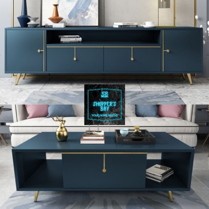 MODRA teal blue tv console set blue coffee table modern white gold blue