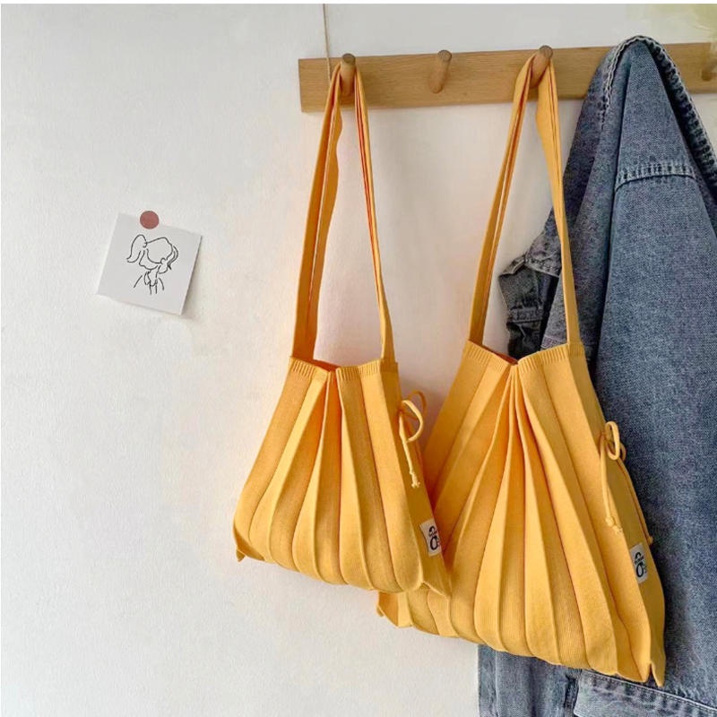 YXL Korean Chic Women Reusable Bag Foldable Pleated Knitted Tote Bag