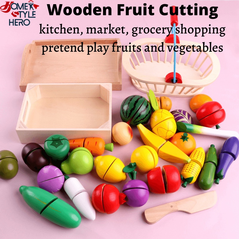 [SG Stock] Wooden Fruit Vegetables Chopping Kitchen Toys Velcro Market