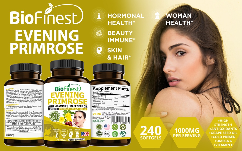 Biofinest Evening Primrose Oil 1000mg Supplement Grape Seed Oil Vitamin