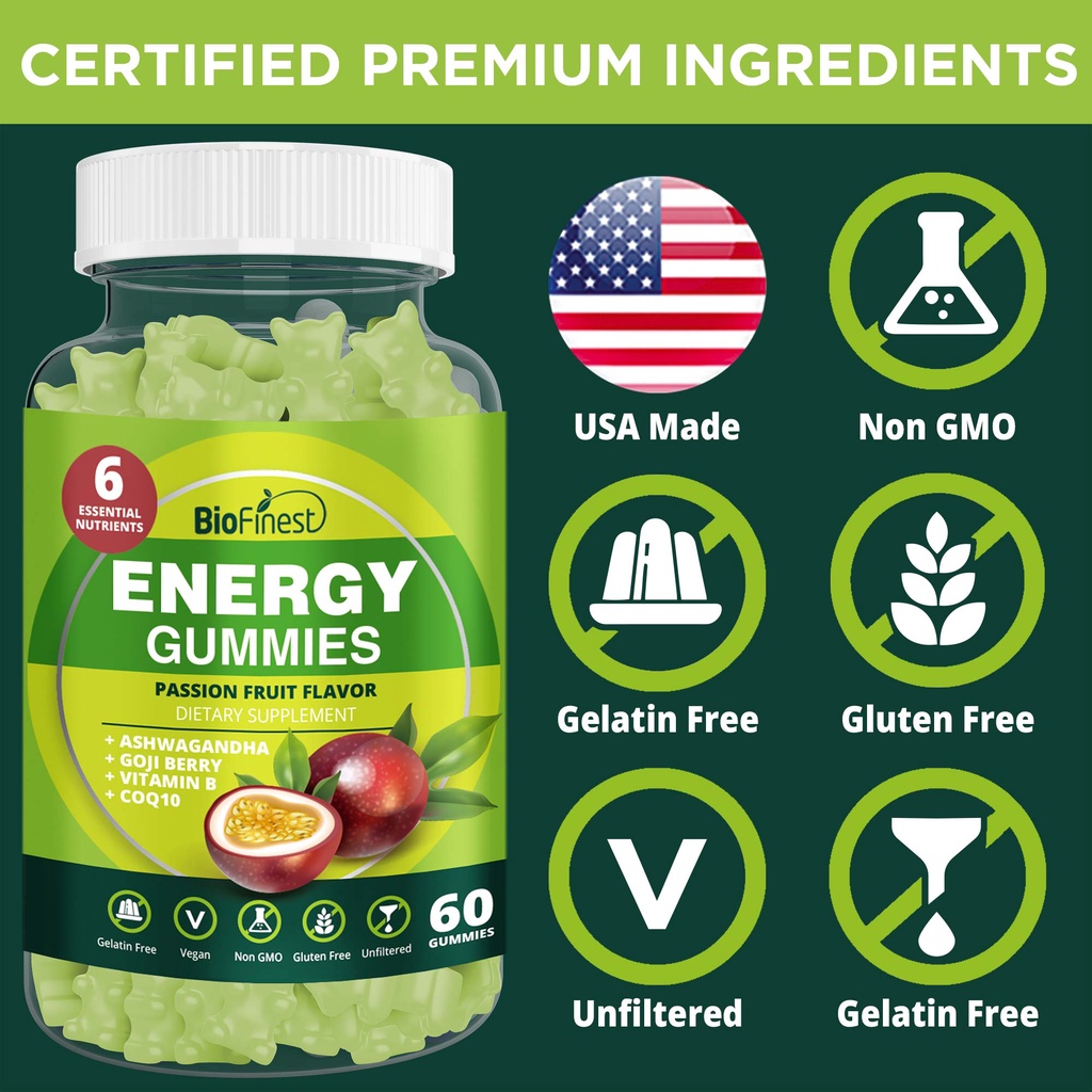 Biofinest Energy Gummy Supplement Vitamin B12 Coq10 Ashwagandha Goji