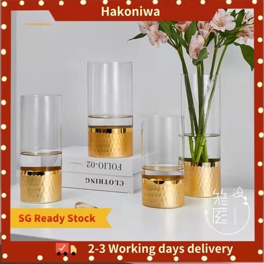 [SG Stock] Crystal Glass Vase with Gold Plating Creative Geometric