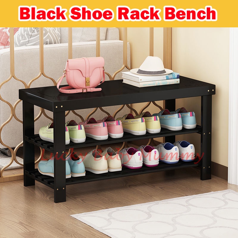 Black Bamboo Shoe Rack Bench/Seat Wearing Taking off Shoes Strong